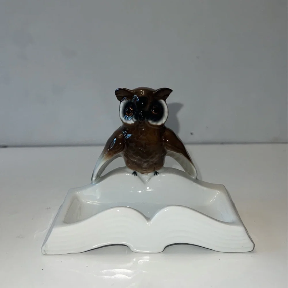 Hand Painted Figurine Porcelain Owl on Book Ring Tray, Germany